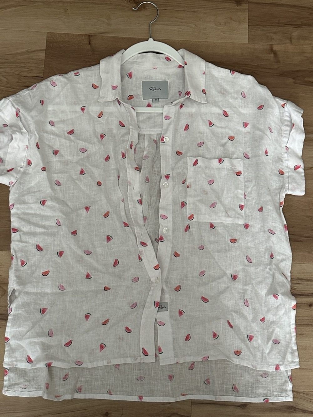 Rails White Linen Short-Sleeve Button-Down with Pink Watermelon Print